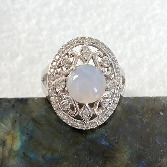 Sterling Silver 925 CFJ Round Moonstone Cabochon Oval Scrollwork Ring Sz 7.75 - Picture 12 of 16